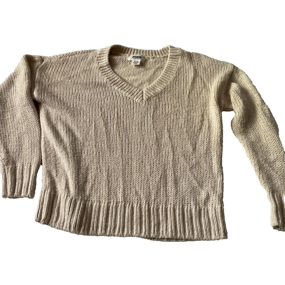 Pink V-Neck Knit Sweater Womens Size S Beige Cotton Blend Soft